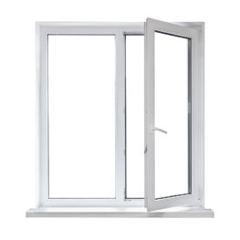 White plastic double door window isolated on white background. Opened door