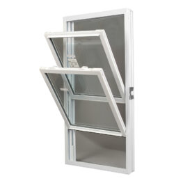 "A double-hung, insulated, tilt-in replacement window on a white background, with paths."